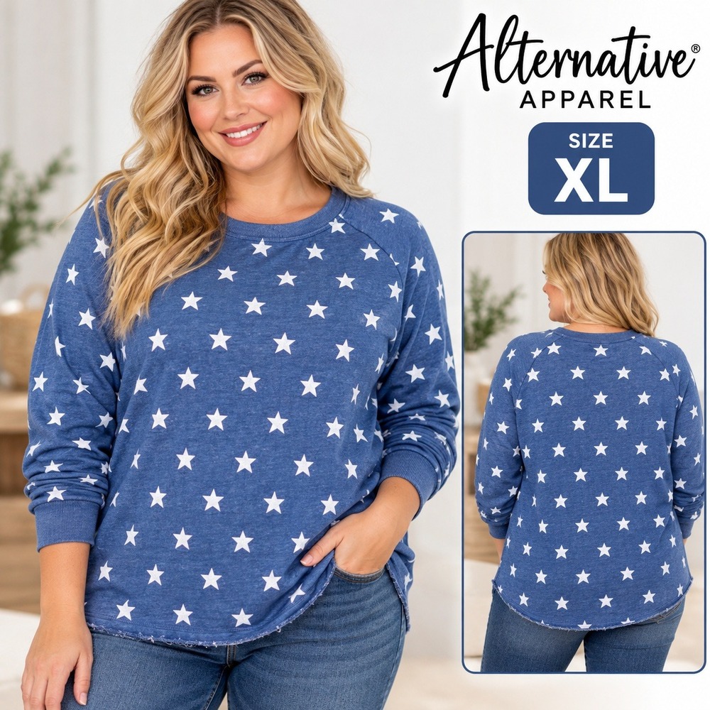 Alternative Apparel Blue Star Print Raw Hem Sweatshirt XL Long Sleeve Top NWOT